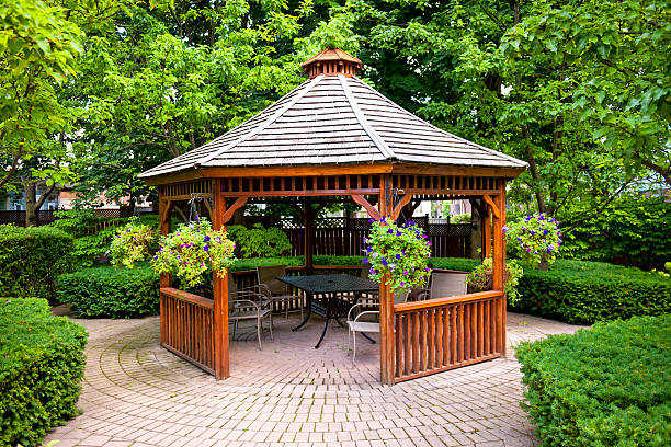 Gazebo in landscaped garden with interlocking stone patio